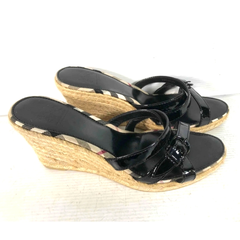 Burberry Womens Nova Check Black Leather Italy Slip On Wedge Heel Sandals Sz 39